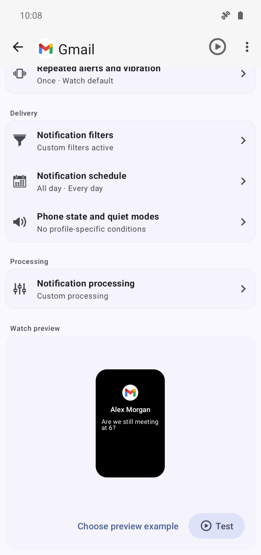 Notify notification profile showing filters, schedules, phone modes and a Gmail watch preview