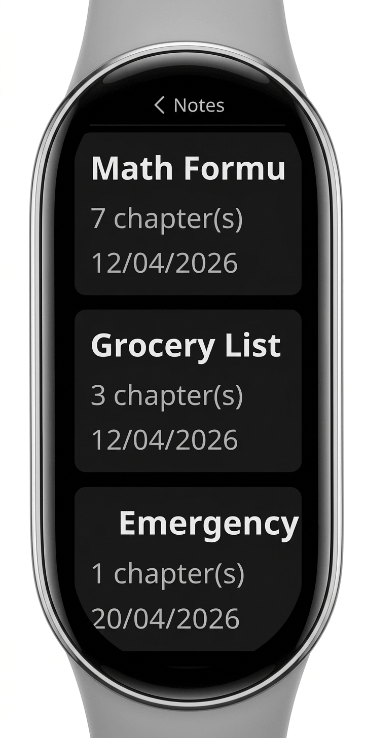 Notify notes app on Xiaomi smartwatch showing chapter-based notes