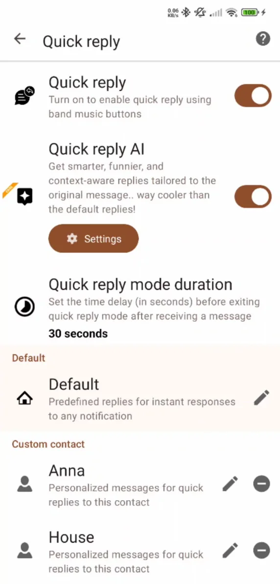 Mi Band Notify App Screenshot - Quick Reply Page