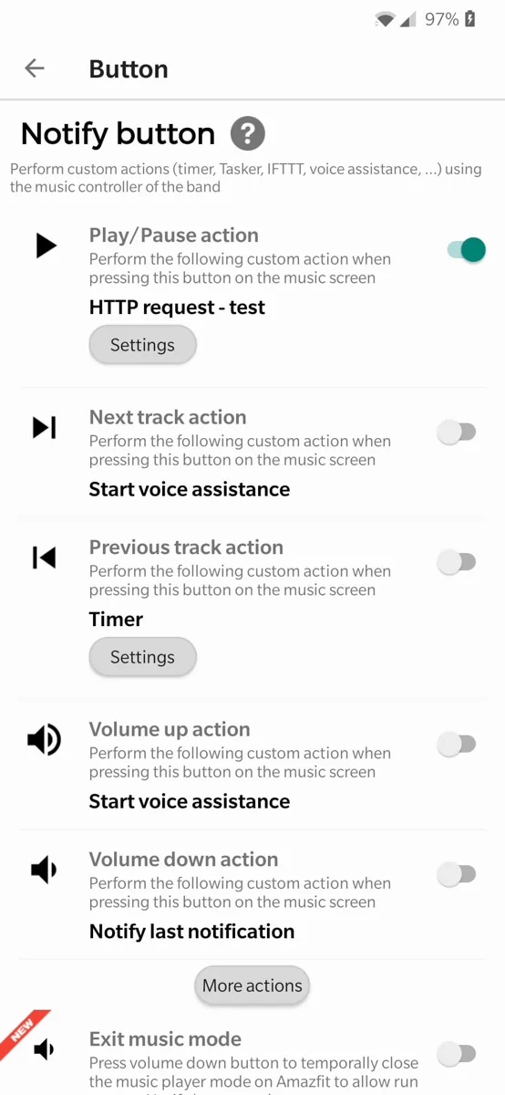Mi Band Notify App Screenshot - Button custom actions Page
