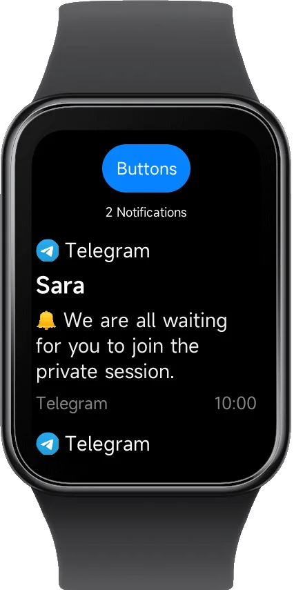 Notify app main screen on Xiaomi watch showing notifications, buttons, maps and picture features