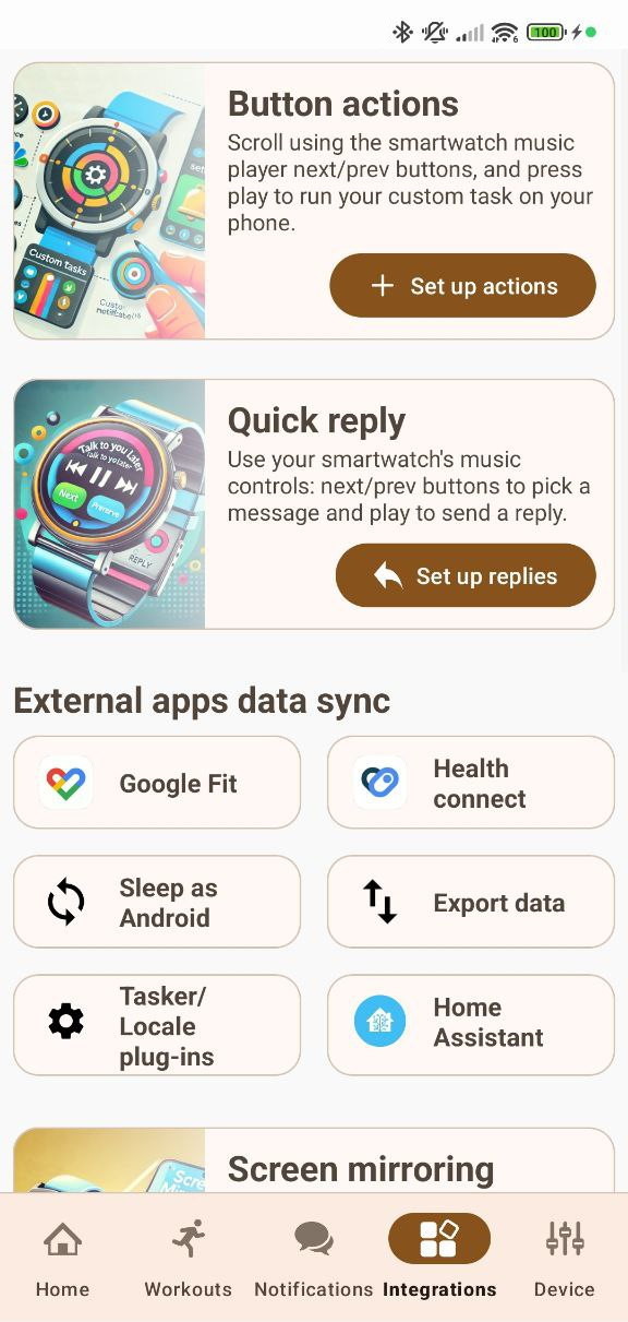 Mi Band Notify App Screenshot - Integrations Page