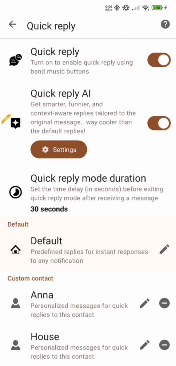 Mi Band Notify App Screenshot - Quick Reply Page