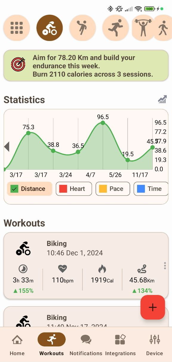 Mi Band Notify App Screenshot - Workouts Page